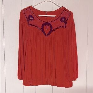 Free People Orange/Red Blouse with Purple Embroidery